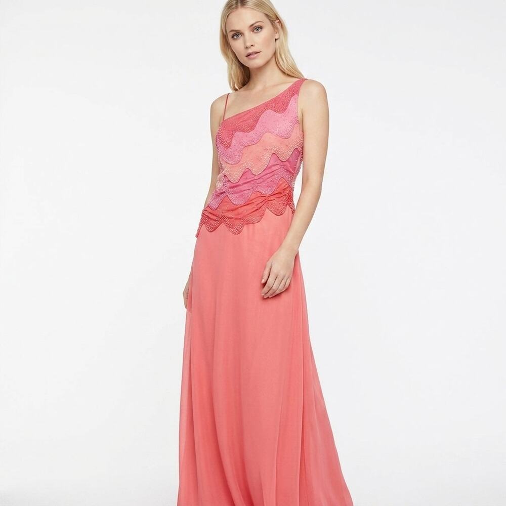 BCBGMAXAZRIA Multicolor One Shoulder Beaded Sequin Tiered Ombre Gown Women